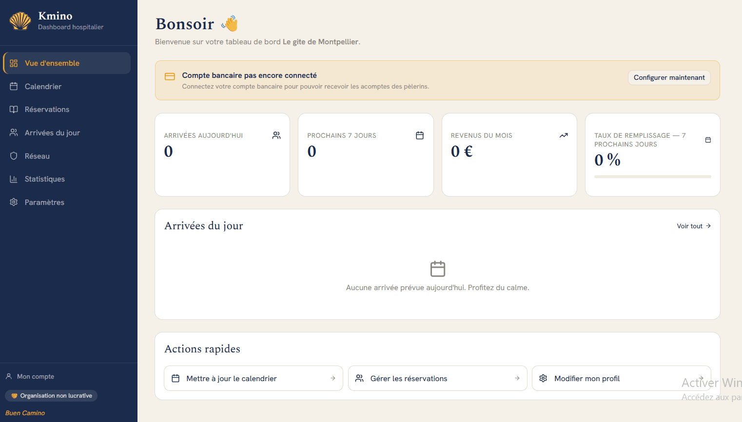 Tableau de bord Kmino